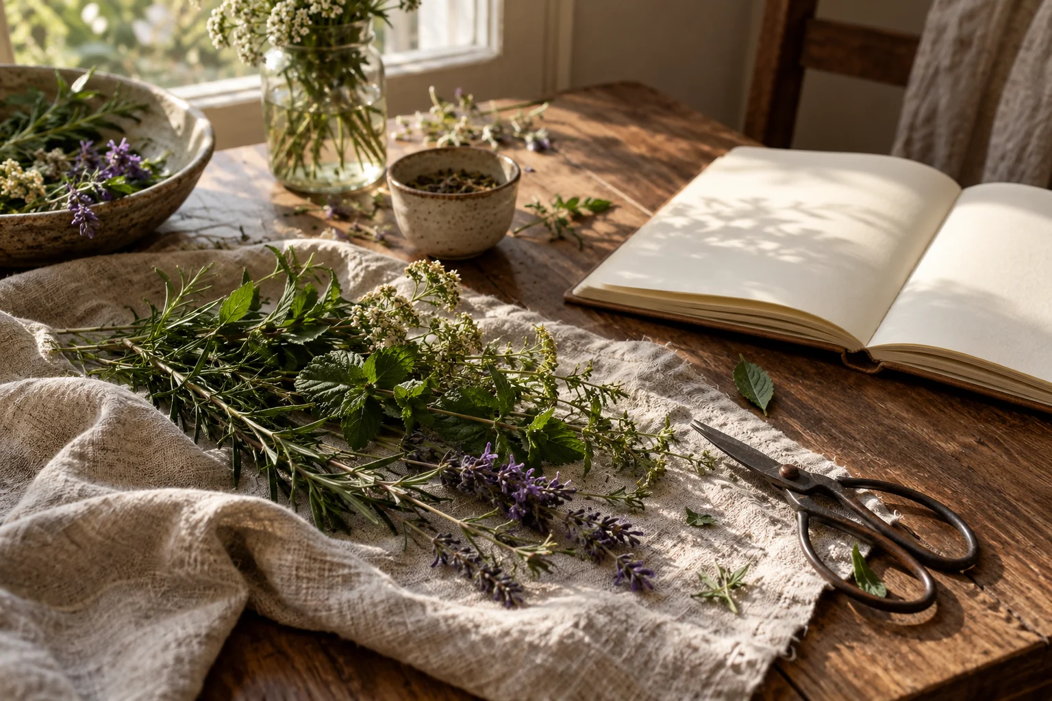 Plantes et ciseaux sur une table près d'un carnet ouvert
