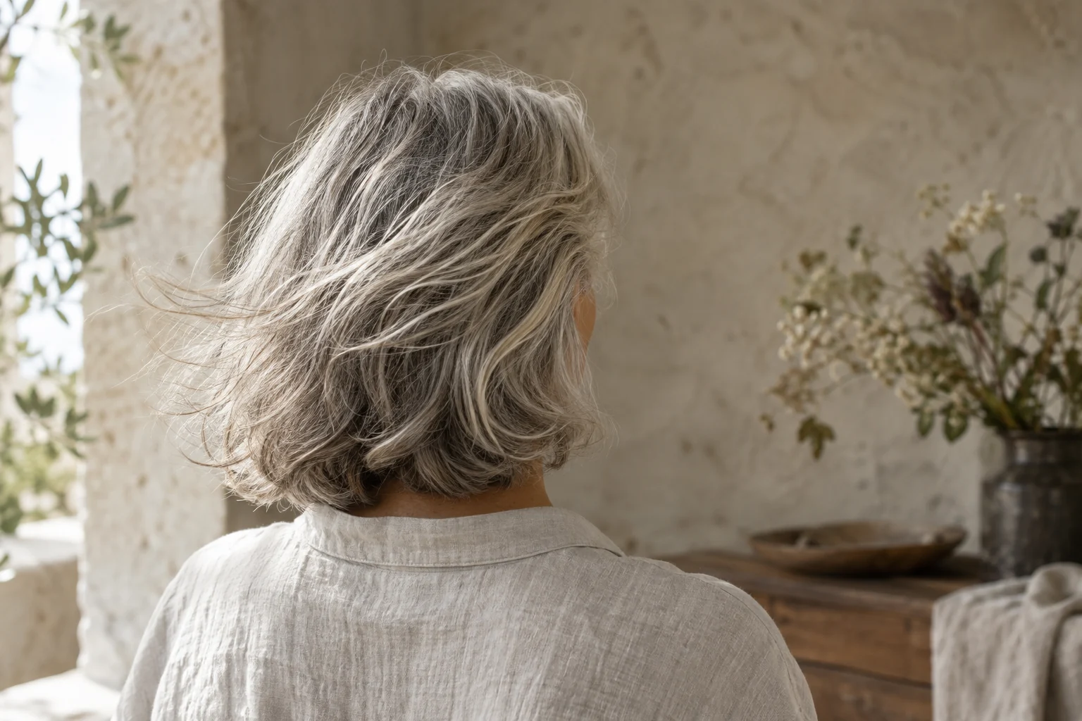 Cheveux argentés dans la lumière